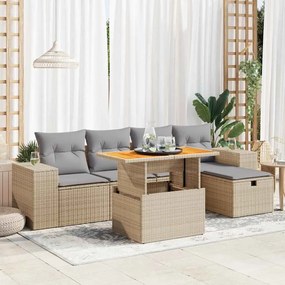 6 pcs conjunto sofás jardim com almofadões vime PE/acácia bege