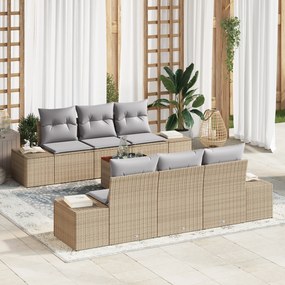 vidaXL Conjunto de Sofá de Jardim de 7 Peças com Almofadas Bege Rattan Poliéster Acácia