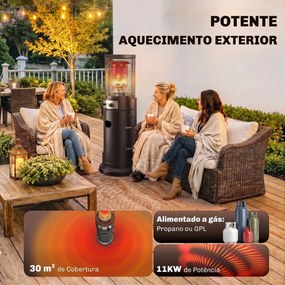 Aquecedor de Gás para Pátio 11 kW Estufa de Exterior Portátil a Propano com Grelha de Proteção e Sistema Antitombo Preto