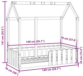 Cama infantil formato casa 70x140 cm pinho maciço castanho-mel