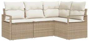 Sofá de Jardim 4 Peças com Almofadas Bege em Rattan