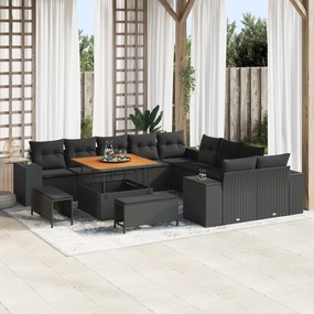 Conjunto de Sofás para Jardim vidaXL de 13 Peças com Almofadas Preto Vime Sintético Acácia