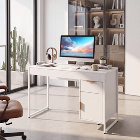 Secretária de Computador com Armário e Gaveta, 109 x 47 x 75 cm, Estrutura Metálica Resistente, Branco