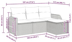 4 pcs conjunto sofás de jardim c/ almofadões vime PE cinzento