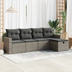 5 pcs conjunto sofás de jardim c/ almofadões vime PE cinzento