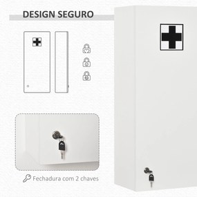 Armário de Medicamentos de Parede 5 Níveis com Prateleiras de Vidro Ajustáveis Fechadura Chaves 30x20x70 cm Branco