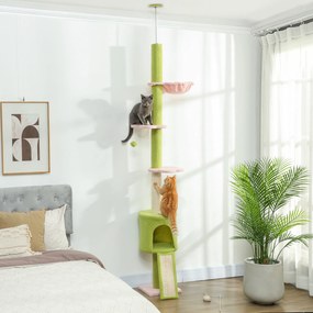 Arranhadores para gatos do chão ao teto, 5 níveis, altura ajustável de 220 a 240 cm, plataformas em forma de flor com arranhador, nicho e rede verde