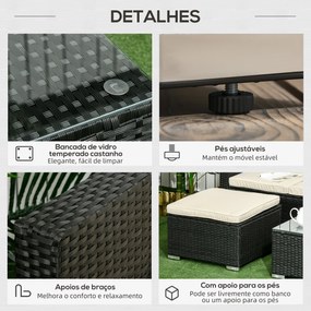 Outsunny Conjunto de Móveis de Vime de Jardim 3 Peças Conjunto de Móveis de Vime Exterior Sofá de 3 Lugares com Almofadas Acolchoadas Mesa de Centro com Bancada de Vidro Temperado e Banco Preto e Bege