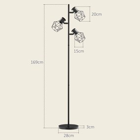 Candeeiro de pé para sala de estar com 3 luzes, compatível com lâmpadas E27 (não incluídas) 41 x 28 x 169 cm, preto