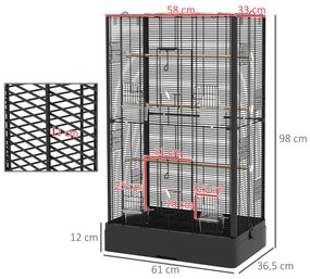Gaiola para Pássaros 61x36,5x98 cm com Portas Poleiros Bandeja Removível e Alças para Canários Periquitos Preto