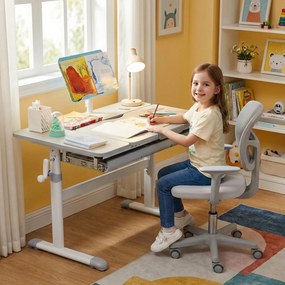 Conjunto 2 em 1 de secretária e cadeira para crianças Secretária ajustável em altura e ângulo com cadeira ergonómica giratória Cinzenta