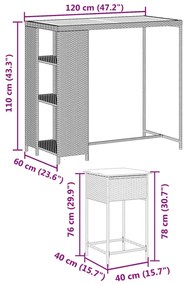 3 pcs conjunto de bar para jardim c/ almofadões vime PE preto