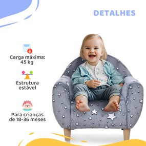 Poltrona para Crianças com Desenho de Estrelas que Brilham no Escuro Tecido Suave de Veludo 55x40x55 cm Cinzento