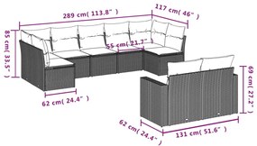 9 pcs conjunto sofás p/ jardim c/ almofadões vime PE cinzento