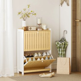 Sapateira Estreita com 2 Portas de Bambu Prateleiras Ajustáveis para 12 Pares de Sapatos  60x24x82,5 cm Branco e Madeira