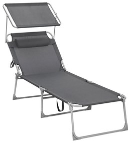 SONGMICS Espreguiçadeira, espreguiçadeira, cadeira de sol reclinável grande, 71 x 200 x 38 cm, capacidade de carga 150 kg, com apoio de cabeça, encosto reclinável, guarda-sol, dobrável, para jardim, cinza esfumaçado GCB22GYV2
