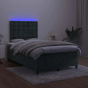 Cama box spring com colchão e luzes LED veludo verde-escuro