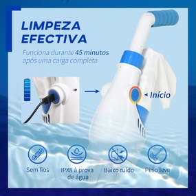 Outsunny Aspirador Limpador para Piscina Elétrico Autonomia de 45 Minutos com Poste Telescópico 54-113cm Escova e Bolsa de Malha para Piscinas Spas 161x20x17cm Azul e Branco