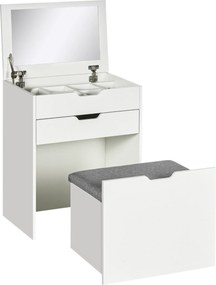 HOMCOM Toucador com Banco Oculto e Espelho Rebatível Mesa de Maquilhagem com Gaveta e 7 Compartimentos Banco Acolchoado Branco | Aosom Portugal