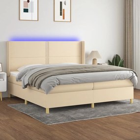 Cama box spring c/ colchão e LED 200x200 cm tecido cor creme