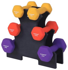 Conjunto de halteres hexagonais com stand para treino em casa. | SONGMICS | 34 x 30 x 14,5 cm | amarelo, laranja e roxo | SYL69BK.