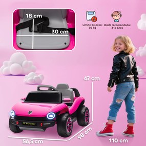 Carro Elétrico para Crianças Volkswagen E-Buggy Bateria 12V com Controlo Remoto 2,4 G Faróis LED Música USB 98x56,5x47 cm Rosa