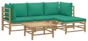 5 pcs conjunto lounge de jardim bambu c/ almofadões verdes