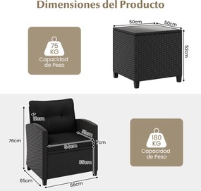 Conjunto de móveis de jardim de 3 peças de rattan com almofadas de assento e encosto e Mesa de centro de vidro temperado preto / preto