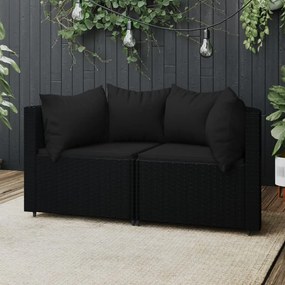 vidaXL Sofás de canto p/ jardim c/ almofadões 2 pcs vime PE preto