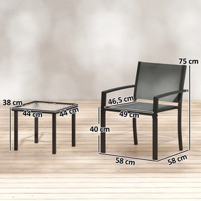 Conjunto de Mesa e Cadeiras com 3 Peças Conjunto de Jardim 2 Cadeiras de Textilene e Mesa de Vidro  Cinzento Claro