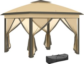 Outsunny Pérgola Dobrável Exterior com Altura Ajustável Teto Duplo 4 Mosquiteiras Removíveis e Bolsa de Transporte 3,3x3,3 m Bege | Aosom Portugal