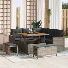 Conjunto de Sofá de Jardim de 8 Peças com Almofadas Cinza Rattan Poliéster Acácia