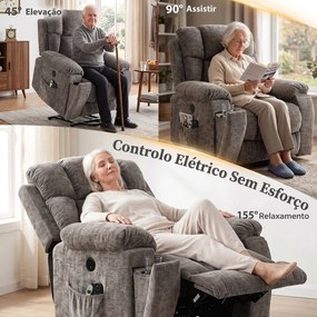 Poltrona Relax Reclinável Elétrica Elevatória com 8 Pontos de Massagem Calor Apoio para Pés e Porta-copos Cinza Escuro