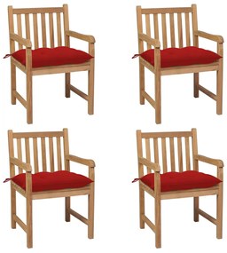 vidaXL Cadeiras de jardim c/ almofadões vermelhos 4 pcs teca maciça