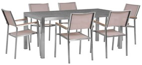 Conjunto de mesa com tampo granito polido cinzento 180 x 90 cm e 6 cadeiras creme GROSSETO Beliani