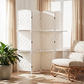 Biombo divisório de 4 painéis, 160 x 170 cm, com 2 prateleiras, dobrável, em madeira branco