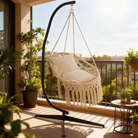 Conjunto de cadeira suspensa com suporte em forma de C, 2 almofadas macias e Estrutura metálica resistente até 150 kg bege