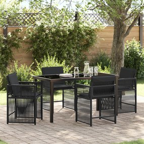vidaXL Conjunto de Jantar de 5 Peças para Jardim com Almofadas Preto Rattan Poliéster