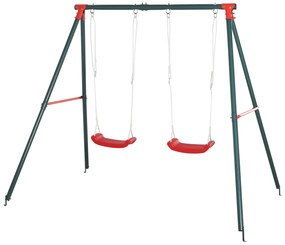 Outsunny Conjunto de Baloiços para Crianças acima de 3 Anos com Suporte de Metal Baloiço Duplo com Corda Ajustável para Exterior Carga Máx. 40kg 220x160x180 cm Verde e Vermelho