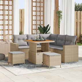 vidaXL Conjunto de Sofá de Jardim com 8 Peças e Almofadas Beje de Vime Acácia