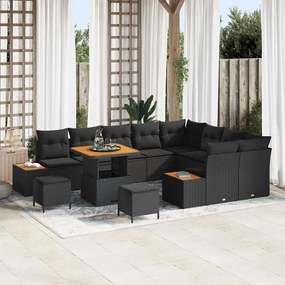 Conjunto de Sofás de Jardim vidaXL de 12 Peças com Almofadas Preto Rattan Polipropileno Acácia