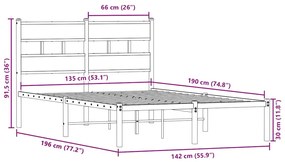 Estrutura de cama sem colchão 135x190 cm metal carvalho sonoma