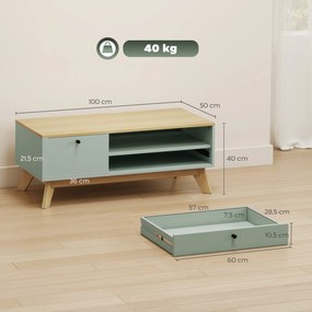 Mesa de centro, 100  x 50  x 40 cm retangular com gaveta, porta e compartimento aberto, verde claro e cor carvalho
