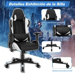 Cadeira giratória para gaming ergonómica para computador Reclinável Ajustável em estilo Carrera com almofada lombar Branca e preta