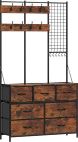 Suporte para Cabides Móvel de Arrumação com Sapateira 14 Ganchos 7 Gavetas de Tecido e Prateleira 100x30x183 cm Castanho Rústico