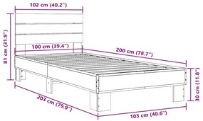 Estrutura cama 100x200 cm derivados madeira/metal cinza sonoma