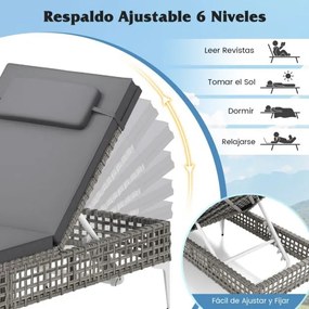 Espreguiçadeira de jardim com encosto ajustável em 6 níveis, almofada e apoio para a cabeça removíveis com capa com fecho de correr cinzenta