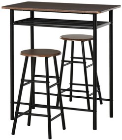 HOMCOM Conjunto Mesa de Bar estilo Industrial 2 Bancos MDF Imitação Madeira Nogueira Metal Preto | Aosom Portugal