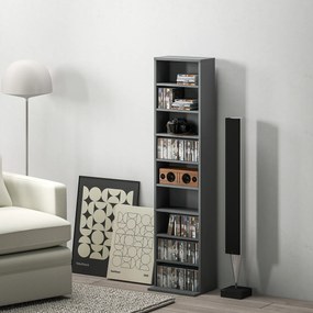 Organizador para CD e DVD com 9 compartimentos e 6 prateleiras ajustáveis; capacidade máxima de 260 CD/120 DVD; 33 x 24 x 140 cm; cinzento