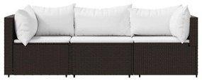 3 pcs conjunto lounge jardim c/ almofadões vime PE castanho